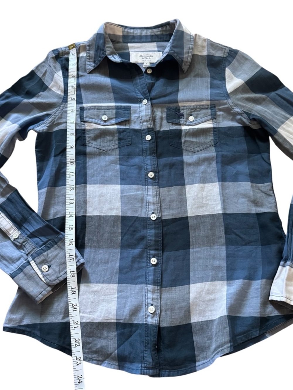 Abercrombie & Fitch Blue Plaid Sheer Button-Up Shirt Small - Picture 7 of 10